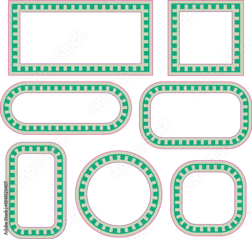 Colorful geometric frame set with green and pink decorative borders. Rounded rectangles and circular shapes form a playful outline collection. Ideal frames for labels, posters, packaging and modern gr