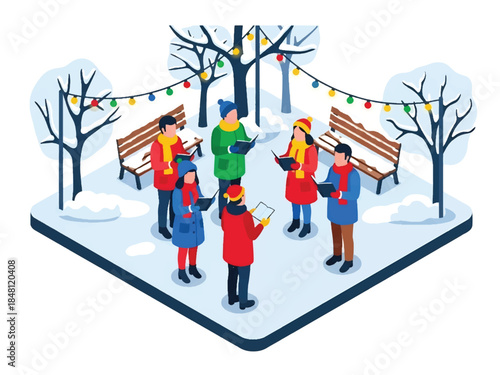 Isometric 3D view vector of people singing Christmas carols outdoors with songbooks and winter clothes, traditional holiday celebration scene, joyful community atmosphere, solid colors