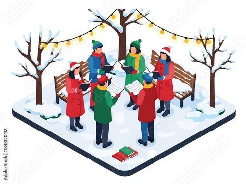 Isometric 3D view vector of people singing Christmas carols outdoors with songbooks and winter clothes, traditional holiday celebration scene, joyful community atmosphere, solid colors