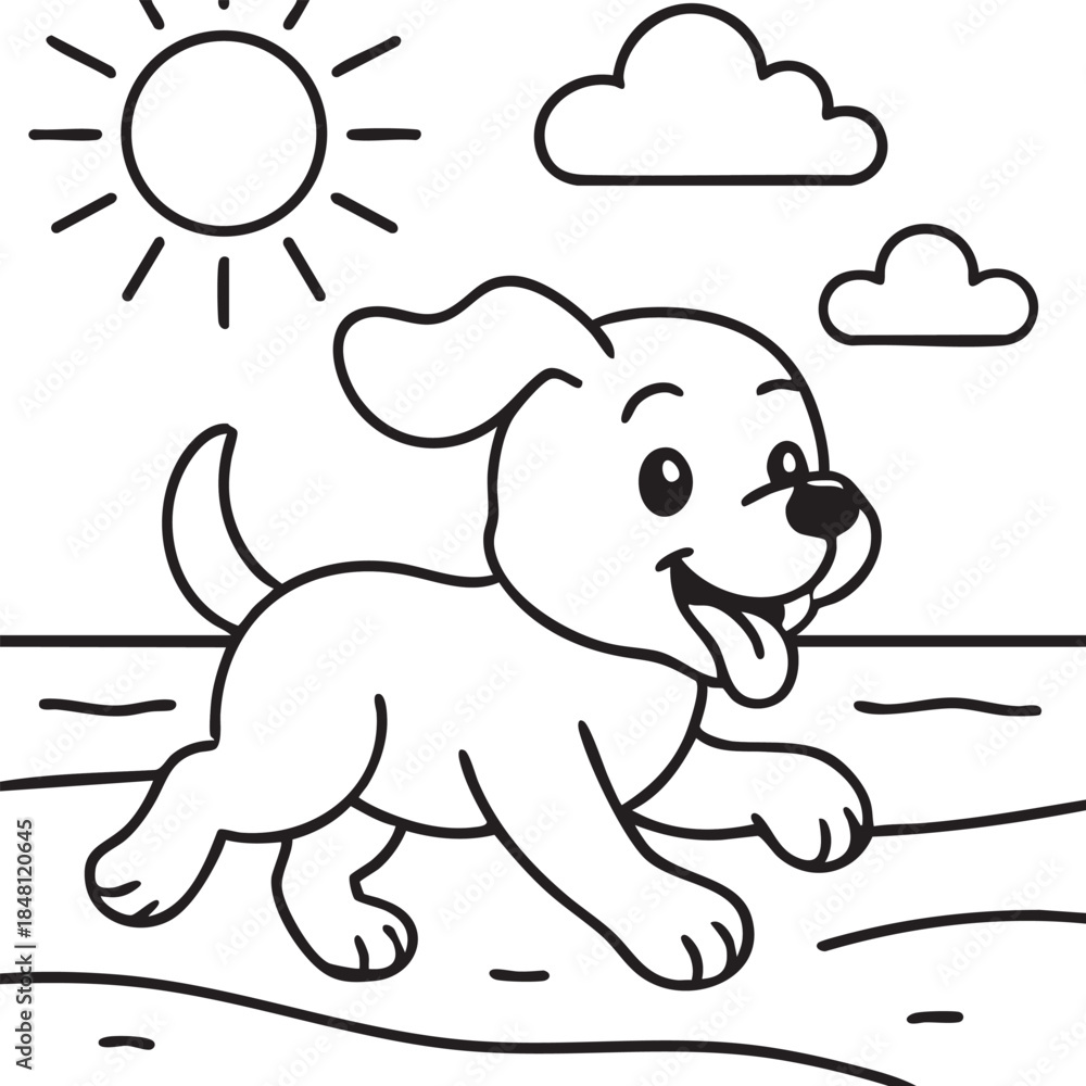 Fototapeta premium a happy puppy is running and playing outdoors on a sunny day with fluffy clouds above