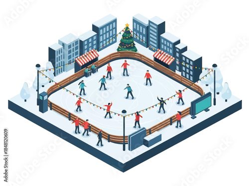 Isometric 3D view vector of an outdoor ice skating rink with people skating, festive lights, and winter city background, joyful Christmas recreation scene, solid colors