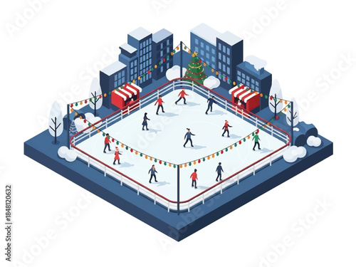 Isometric 3D view vector of an outdoor ice skating rink with people skating, festive lights, and winter city background, joyful Christmas recreation scene, solid colors