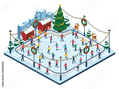 Isometric 3D view vector of an outdoor ice skating rink with people skating, festive lights, and winter city background, joyful Christmas recreation scene, solid colors