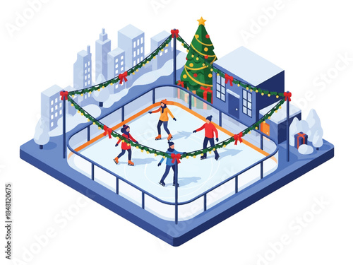 Isometric 3D view vector of an outdoor ice skating rink with people skating, festive lights, and winter city background, joyful Christmas recreation scene, solid colors