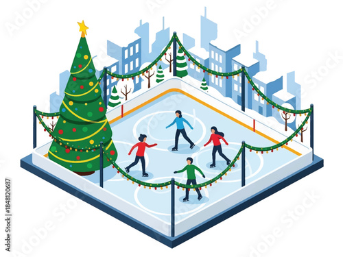 Isometric 3D view vector of an outdoor ice skating rink with people skating, festive lights, and winter city background, joyful Christmas recreation scene, solid colors