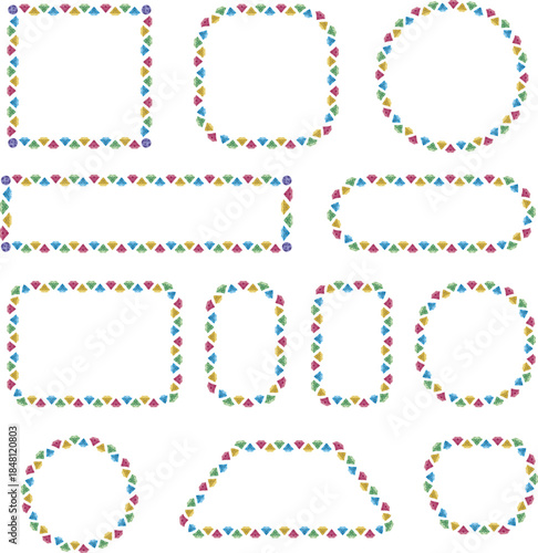 Colorful triangle pattern rounded outline shapes set. Playful geometric frames with festive confetti style. Creative UI elements for kids design, web and graphic layouts.