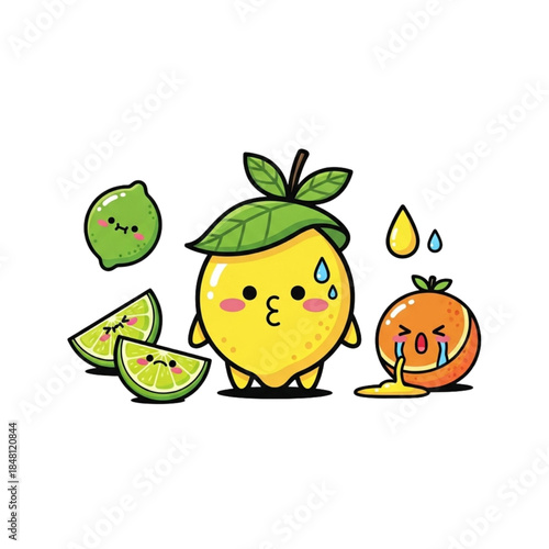 Cute cartoon citrus fruits with sad and happy emotions