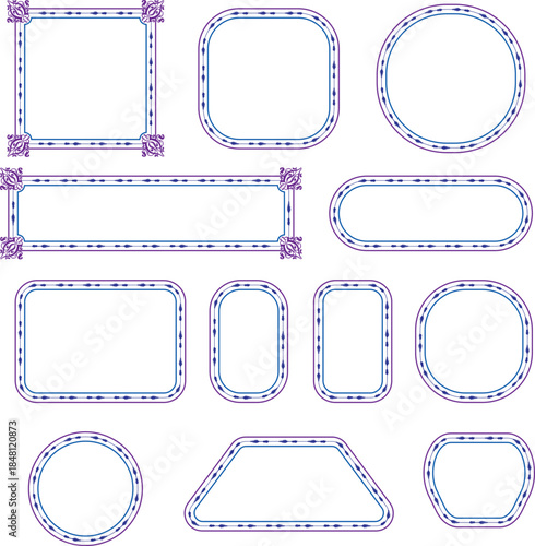Pastel purple decorative outline shapes and rounded frames set. Cute geometric borders with tiny floral corner details. Creative UI elements for feminine design, web and graphic layouts.