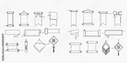 Set of hand-drawn scrolls, banners, and ribbons in various shapes and styles.