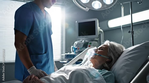 Medical Team Administers Oxygen Therapy to Elderly Patient in ICU for Respiratory Support