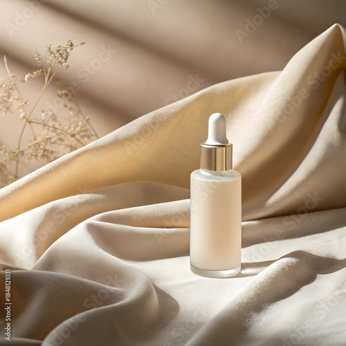  Minimal Skincare Bottle Suspended Over Linen Texture with Warm Ambient Light
