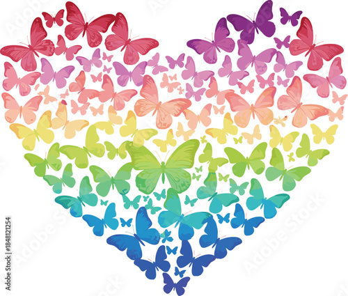 Creative rainbow heart made of colorful butterflies for love romance and diversity concept vector illustration on a white background