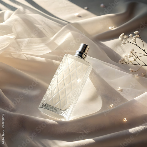 Frosted Glass Skincare Bottle Floating with Soft Shadow and Minimal Light
