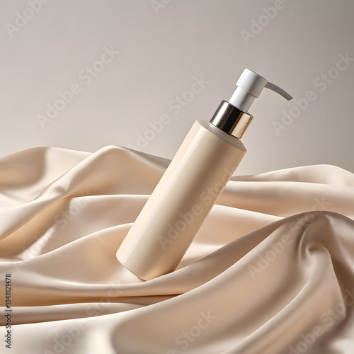 Floating Cosmetic Pump Bottle Above Matte Cotton Fabric

