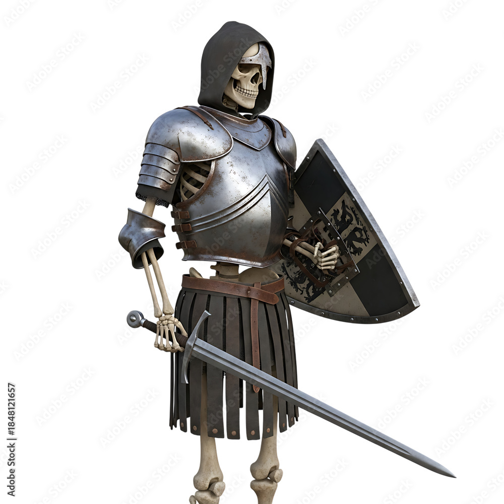 Obraz premium Skeleton warrior in armor holding sword and shield, cutout, PNG isolated on white or transparent background