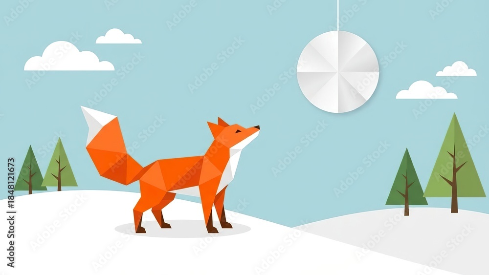 Obraz premium Stylized geometric illustration of a curious orange fox looking up at a paper lantern or moon in a minimal winter wonderland with snowy hills and pine trees.