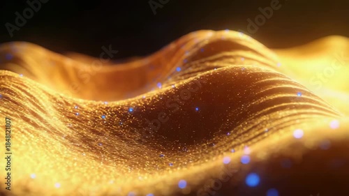 Abstract 3D render of golden waves with sparkling particles and bokeh effect. Fluid, dynamic, and elegant texture ideal for digital design and creative backgrounds.