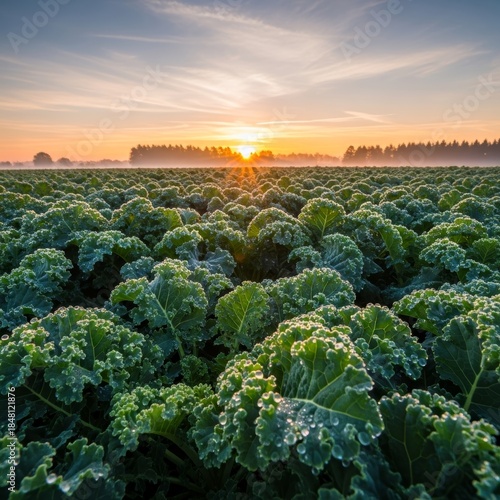 A field of frosty green kale plants at sunrise with a misty treeline in the background, showing agricultural beauty.