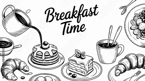 Delicious Breakfast Time Illustration with Coffee, Croissants, and Pastries