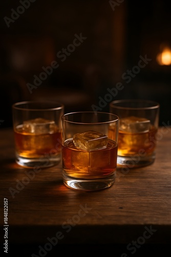 Old-fashioned tumblers, each containing a generous pour of warm-toned Bourbon over large, perfectly square ice cubes, resting on a rustic wooden bar counter. 