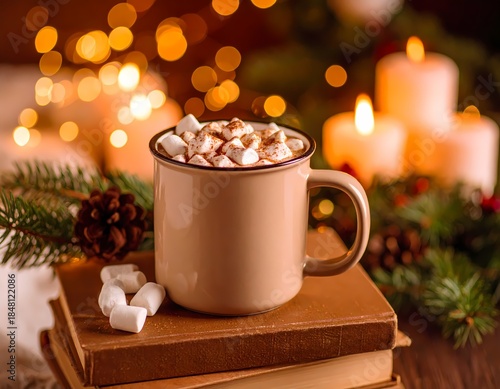 Wallpaper Mural Cozy Christmas. a cup of chocolate and marshmallows. Warm lights. Perfect for Christmas cards and posters.  Torontodigital.ca