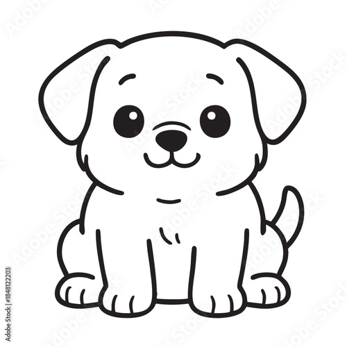 A charming black and white line drawing depicts an adorable puppy sitting sweetly and looking forward