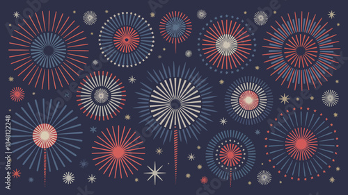 Colorful Fireworks Explosions in Red, White, and Blue on Dark Blue Background