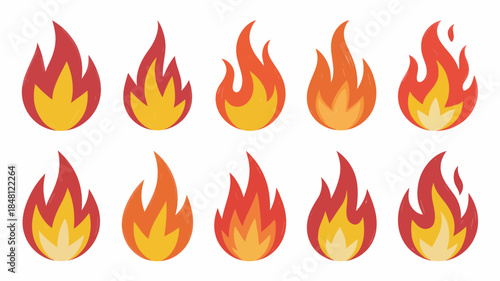 Cartoon flame icons in various shapes and sizes on white background