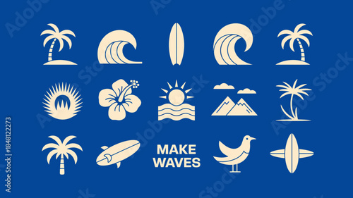 Beach and Surf Icons Set with Make Waves Slogan on Blue Background