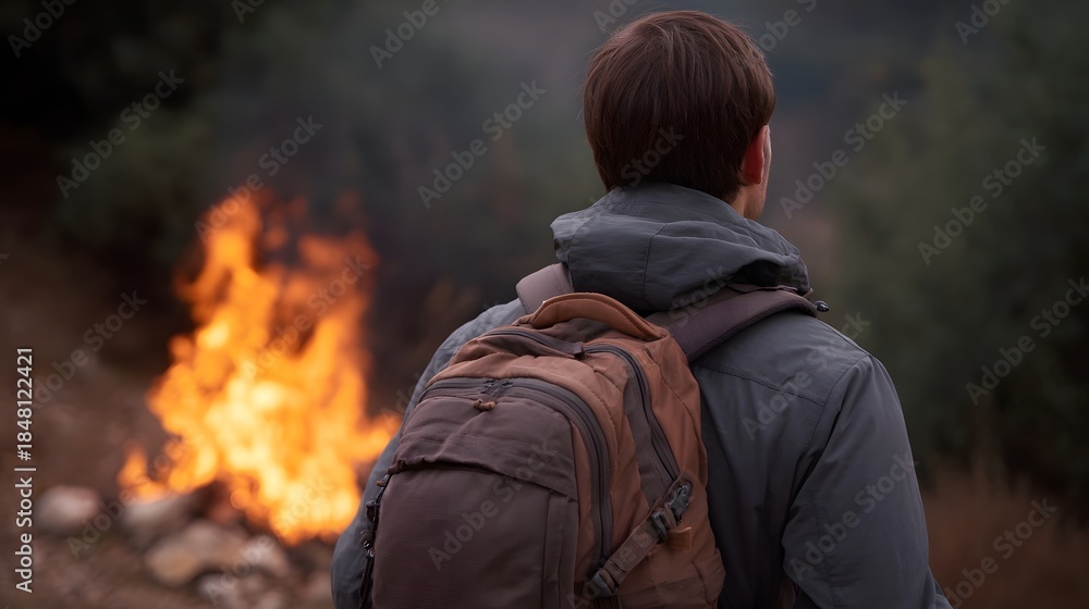 Fototapeta premium A hiker with a backpack looks towards a bright campfire in a smoky natural outdoor setting at dusk