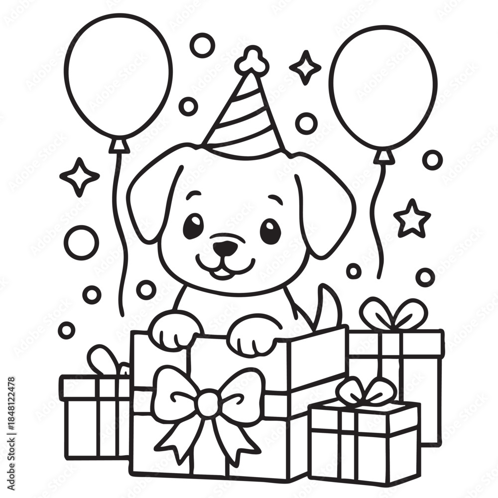 Fototapeta premium a charming black and white illustration depicts a cute puppy celebrating with balloons presents and a party hat