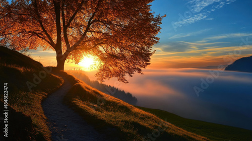 Warm sunrise illuminates misty valley with golden light, casting long shadows from large tree and creating tranquil, peaceful atmosphere along winding path