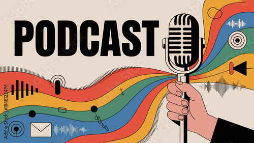 Podcast Concept with Colorful Waves and Microphone Illustration