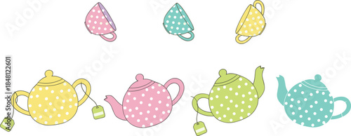 Set of Cute Pastel Colored Polka Dot Teapots and Matching Teacups with Tea Bags Isolated on White Background for Kitchen Decor