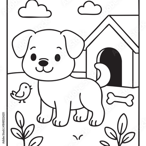 A charming black and white illustration depicts a cute puppy a bird a doghouse and playful elements