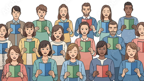 Diverse Group of People Singing or Reading from Books in a Community Event