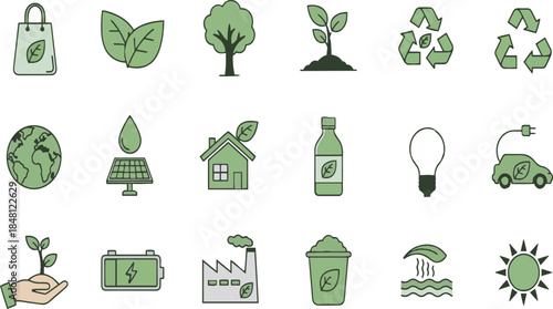 Green energy icons set sustainable living renewable resources ecology