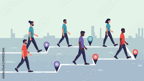 Diverse group of people walking on a futuristic pathway with location markers and city skyline in