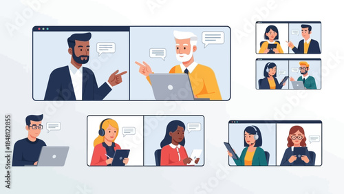diverse group of professionals engaging in remote virtual meetings during work collaboration