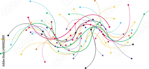 Abstract Background of Vibrant Colorful Swirling Motion Lines with Square Nodes Isolated on White for Data Connection and Network Technology Concept