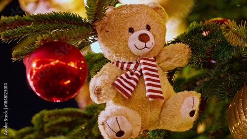 Wallpaper Mural Teddy bear ornament closeup. Teddy bear ornament on Christmas tree. Christmas mood, Christmas tree is decorated toys outdoor Torontodigital.ca