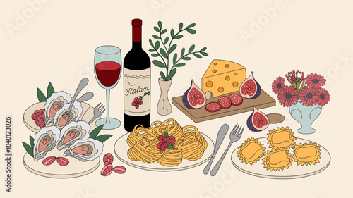 Gourmet Food and Wine Spread with Oysters, Pasta, Cheese, and Fresh Flowers
