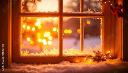 Snowy Christmas day. window at night with frost patterns and warm lights