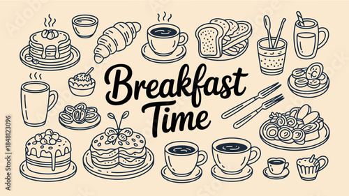 Breakfast Time Illustration with Various Food and Drinks
