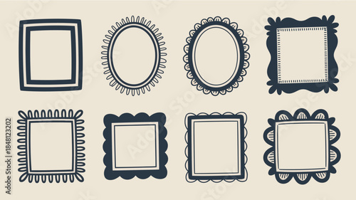 Set of 8 blank picture frames with various ornate designs and shapes