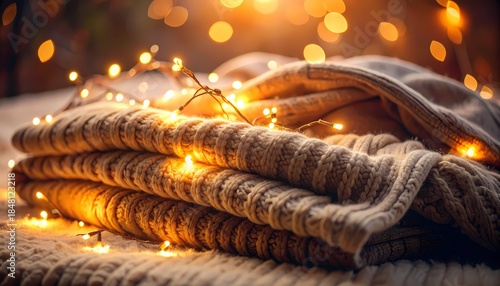 Close up cozy winter scene with knitted blankets warm fairy lights glowing softly