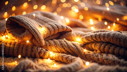 Close up cozy winter scene with knitted blankets warm fairy lights glowing softly