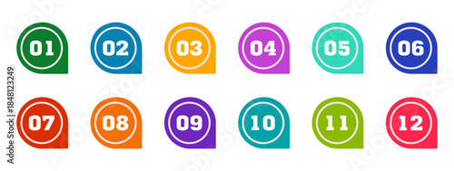 Set of colorful bullet points with numbers 0–12. Multicolored circular markers, flat vector icons on white background for lists, infographics, presentations, planners, apps and educational materials
