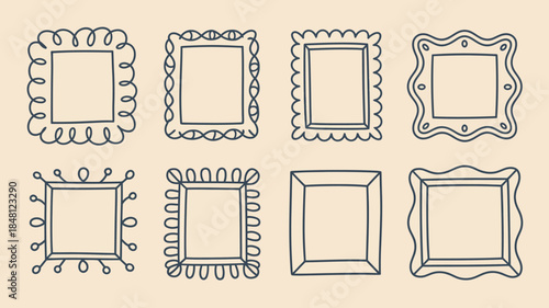Hand drawn picture frame designs, empty decorative borders for photos or artwork