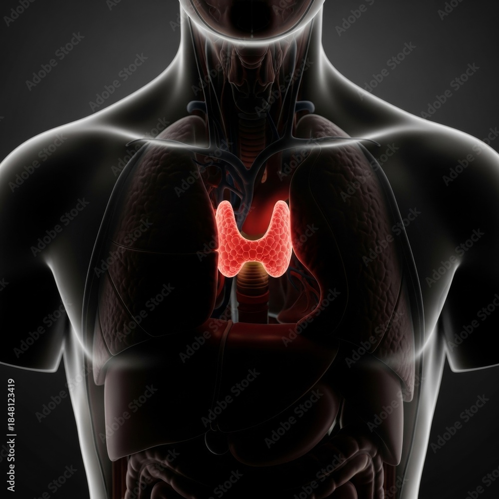custom made wallpaper toronto digital3D rendering of the human thyroid gland highlighted in red within a translucent torso, illustrating its anatomical position.